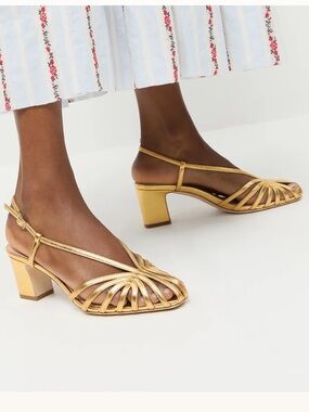 Loeffler Randall Gold Strappy Slingback Block Heel Sandals